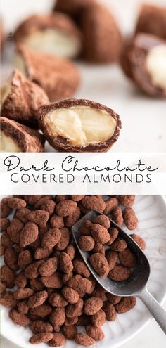 chocolate covered almonds on a white plate with a spoon next to it and the words, dark chocolate covered almonds