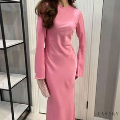 Lasaky - Elegant Solid Color Round Neck Cinched Waist Long Sleeve Dress Pink Solid Color Midi Dress For Party, Pink Solid Color Party Midi Dress, Pink Party Midi Dress, Spring Purple Maxi Dress For Banquet, Pink Solid Color Evening Dress, Purple Long Sleeve Maxi Dress For Banquet, Spring Long Sleeve Dress For Banquet, Long Sleeve Solid Color Midi Dress For Banquet, Pink Solid Color Dress For Party