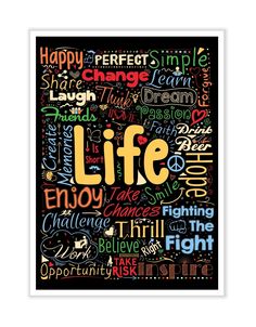 a black framed poster with the words life in different languages on it's sides