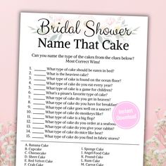 the bridal shower name that cake game is shown on a pink background with flowers