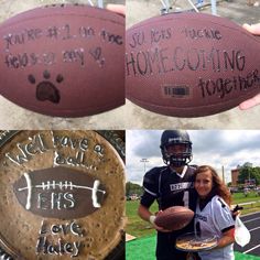 two pictures with footballs and words on them