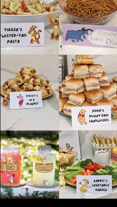 winnie the pooh birthday party food and desserts with free printable signs on them