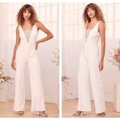 Everyone Will Remember The Day You Wore The Lulus Special Day White Lace Sleeveless Straight-Leg Jumpsuit! Stretchy Crepe Knit Fabric Shapes This Evening Jumpsuit With Wide Tank Straps, A Sleeveless Princess-Seamed Bodice, And A Plunging V-Neckline With A Sheer Lace Insert. High Fitted Waist End At Straight Pant Legs. Hidden Back Zipper/Clasp. Lined. Shell: 95% Polyester, 5% Spandex. Contrast: 100% Nylon. Lining: 100% Polyester. Hand Wash Cold. Do Not Bleach. Hang Or Line Dry For Best Result. Dr Sleeveless Summer Jumpsuits And Rompers For Wedding, Black Strapless Jumpsuit, Womens Black Jumpsuit, Lulu Pants, Burgundy Jumpsuit, White Lace Shorts, White Halter Top, Evening Jumpsuit, Two Piece Jumpsuit