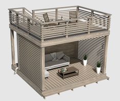 a wooden loft bed sitting on top of a floor next to a table and chair