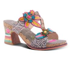 Put a little spring in your step the moment you slip on these colorful leather sandals adorned with fanciful floral details that let your style bloom to its fullest potential. From L`Artiste by Spring Step. Bohemian Spring Mules, Spring Floral Print Leather Heels, Multicolor Bohemian Heels For Spring, Multicolor Slip-on Mules For Spring, Leather Sandals With Floral Print And Round Toe, Floral Print Flower Sandals For Spring, Spring Floral Print Flower Sandals, Spring Multicolor Leather Mules, Spring Floral Print Sandals With Open Heel