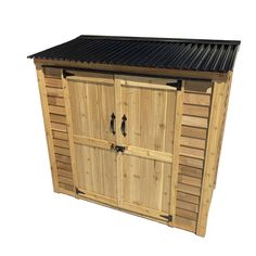 a wooden storage shed with two doors and a black roof on the top, isolated against a white background