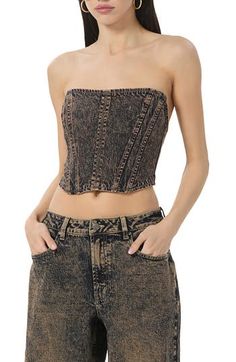 Traditionally laid-back denim gets a chic update in this corset-inspired top cut in a strapless silhouette with a softly structured neckline. 10 1/2" center front length (size Medium) Back zip closure Strapless Lined 99% cotton, 1% spandex Machine wash, tumble dry Imported Chic Denim Corset For Spring, Dark Wash Summer Corset, Summer Dark Wash Denim Corset, Dark Wash Denim Corset For Summer, Chic Strapless Fitted Denim Top, Fitted Denim Top For Summer Nights, Fitted Dark Wash Corset, Cropped Denim Corset For Summer, Fitted High Waist Casual Tube Top