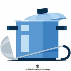 an illustration of a blue pot with a lid and a ladle next to it