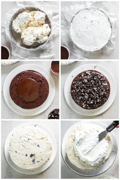 six pictures showing how to make a chocolate cake with white frosting and oreo cookies