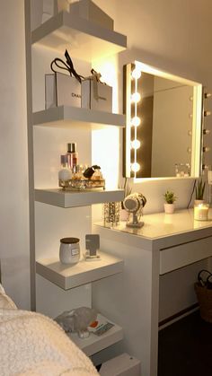 Room aesthetic Room Vanity Aesthetic, Aesthetic Bedroom Setup, Vanities Aesthetic, Aesthetic Room Items, Aesthetic Room Vanity, College Apartment Inspo Bedroom, Box Bedroom Ideas, Aesthetic Room Furniture, Aesthetic Shelf