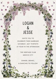 a wedding card with purple flowers and greenery in the middle, on top of a white background