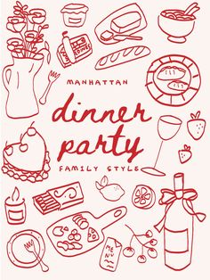 the cover of manhattan dinner party, featuring food and drinks in red on a white background