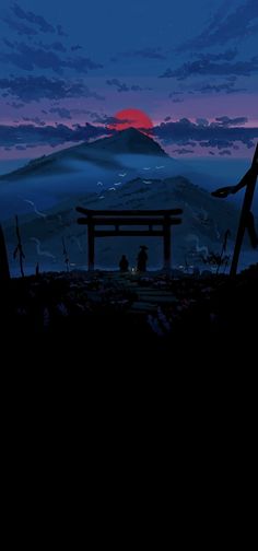 the silhouette of a person sitting on a bench in front of a mountain at night