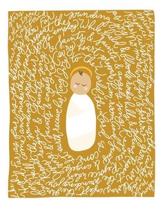 a drawing of a baby in a blanket with writing all over the place on it