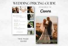 the wedding pricing guide is displayed in front of a white background with black and gray photos