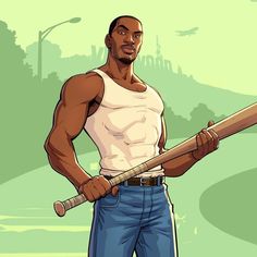 a cartoon man holding a baseball bat in his right hand and looking at the camera