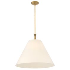 a light fixture with a white shade hanging from it's side on a white background