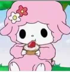 a cartoon character holding a cupcake in her hand and wearing a pink outfit with flowers on it