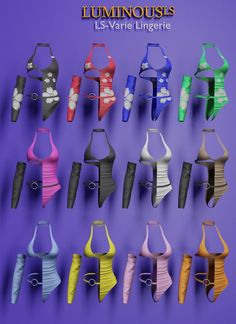 several different types of bras hanging up against a purple wall with the caption luminous les ventes lingeriers