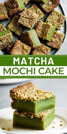 matcha mochi cake is stacked on top of each other with the title above it