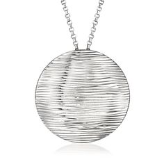 Ross-Simons - Italian Sterling Silver Ridged-Circle Necklace. 18". Crafted in Italy, our stunning necklace will set you apart from the crowd. A sizable circle of sterling silver boasts textured and polished finishes, suspended from a rolo chain with a 2" extender. Dressed up or down, it will make a dramatic impression. Lobster clasp, sterling silver ridged-circle necklace. Fine Jewelery, Circle Necklace, Rolo Chain, Stunning Necklace, Lobster Clasp, In Italy, Jewelry Necklaces, Italy, Sterling Silver