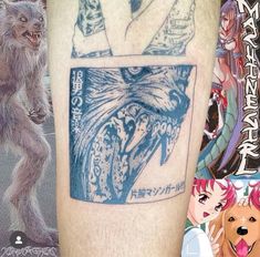 a tattoo on the leg of a person with an animal in it's hand