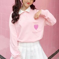 Natsuki Cosplay, Kawaii Summer, Aesthetic Heart, Outfit Korean, Heart Embroidery, Pastel Outfit, Kawaii Fashion Outfits, Long Sleeve Polo Shirt