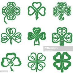 green shamrocks with hearts and knots in the shape of four leafed clovers