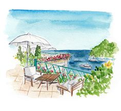 A watercolor painting of the Splendido hotel in Portofino, Italy. Two chairs sit under an umbrella on a terrace overlooking the Mediterranean Sea Italy Watercolor Paintings, Andrea Ferolla, Watercolor Italy, Pool Drawing, Portofino Italy, Building Sketch, Watercolour Landscape, Painting Inspo