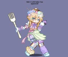 an anime character holding a fork and knife in her hand with the caption, rotti & wild baker has appeared