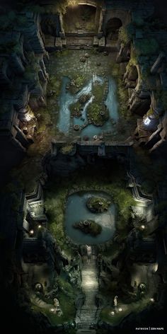 an aerial view of a courtyard and pond in the middle of a dark city at night