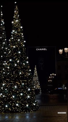 a large christmas tree is lit up in the dark