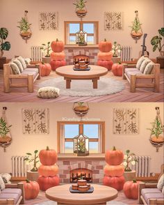 the living room is decorated with pumpkins and other decorations