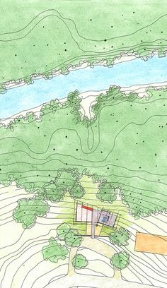 a drawing of a house in the middle of a field next to a river and trees