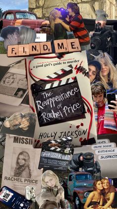 a collage of photos with words and pictures on them that say find me, the reppenance of rachel price