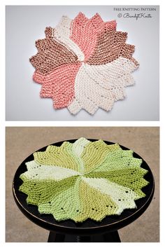 crocheted rugs on top of a table and bottom one has a flower in the middle