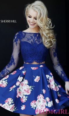 Image of Two Piece Long Sleeve Dress Style: SH-32323 Front Image Long Sleeve Lace Crop Top, Top Azul, Sherri Hill Prom Dresses, Formal Dresses Short, Ranveer Singh, Sherri Hill Dresses, Grad Dresses, Sherri Hill, Hoco Dresses