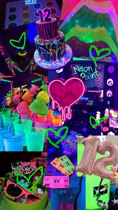 neon party decorations including cake, cupcakes, and other items in various colors