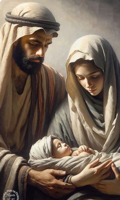 a painting of jesus holding a baby in his arms with two other people around him