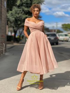 Pink Pink A-Line Organza Ruched Off The Shoulder Tea-Length Prom Dresses Strapless Party Dress, Ruffle Wedding Dress, Elegant Bridesmaid Dresses, Dress Women Elegant, Princess Wedding Dresses, Ball Gown Dresses, Party Dress Long, Ball Gowns Wedding, Ball Gown Wedding Dress