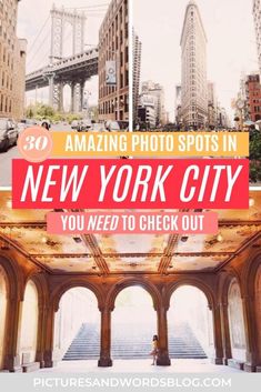 new york city with the words 30 amazing photos in red and yellow overlays