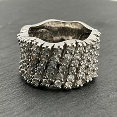 Vintage Cubic Zirconia Sterling Silver Cluster Ring, UK Size M, US Size 6, EU Size 51 1/2, Stamped 925, Front Max Length 13.0mm, Weight 9.43 Grams, Lovely Condition Classic Rings With Bling For Anniversary, Classic Anniversary Rings With Bling, Classic Anniversary Ring With Bling, Modern Sparkling Cubic Zirconia Rings, Classic White Gold Rings With Bling, Silver Wide Band Cubic Zirconia Jewelry, Dazzling Silver Diamond Ring With Wide Band, Silver Bling Ring For Anniversary, Classic Silver Ring With Bling