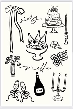 a black and white drawing of various items on a table with candles, wine bottle, cake