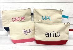 This versatile monogrammed makeup bag is the perfect size for cosmetics or other toiletry items for your purse or for travel. You'll love the durable canvas fabric, zipper and cute contrasting trim. Add your choice of a name or monogram to match the trim or in a contrasting fun color. ~ TO ORDER ~ Review the photos for the options. Choose your trim color from the drop down list and then add the item to your cart and provide the following information in the personalization box when you check out: Monogrammed Makeup Bags, Monogram Cosmetic Bag, Canvas Makeup Bag, Canvas Cosmetic Bag, Small Makeup Bag, Small Cosmetic Bags, Embroidered Gifts, Cosmetics Bag, Wedding Gifts For Bridesmaids