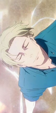 an anime character with blonde hair and blue shirt is holding his head in the air