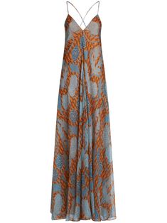 indigo blue/multicolour silk all-over floral print stripe print V-neck rear criss-cross straps flared hem floor-length Farfetch Maxi Dress, Silk V-neck Beachwear Dress, Flowy Beachwear Maxi Dress For Evening, Flowy Evening Maxi Dress For Beachwear, Beachwear Silk Dress With Floral Print, Lined V-neck Beachwear Dress, Beachwear V-neck Lined Dress, Spring Floor-length Dress With Bias Cut, Silk Flowy V-neck Maxi Dress