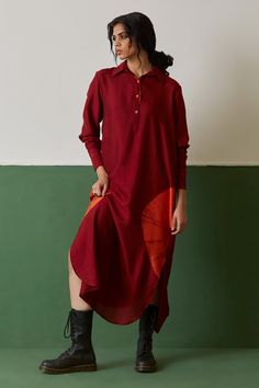 Maroon dress with light orange tie and dye placement detailing.
Components:1
Type of Work:Plain
Neckline:Shirt collar
Sleeve Type:Full sleeves
Fabric:Chanderi blend
Color:Maroon
Other Details:
Front button detailing
Cuff sleeve hem
Occasion:Party - Aza Fashions Chanderi Long Sleeve Kurta With Yoke, Long Sleeve Cotton Silk Dress, Festive Long-sleeve Batik Print Dress, Festive Long Sleeve Batik Print Dress, Unstitched Chanderi Summer Dresses, Summer Handloom Long Sleeve Kurta, Dye Placement, College Attire, Chic Office Wear