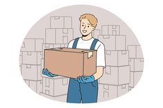 a man in overalls holding a box with boxes on the back and behind him