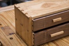 a wooden box sitting on top of a table next to a piece of plywood