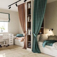 a bedroom with a bed, desk and bookcase next to a window that has polka dot wallpaper on it